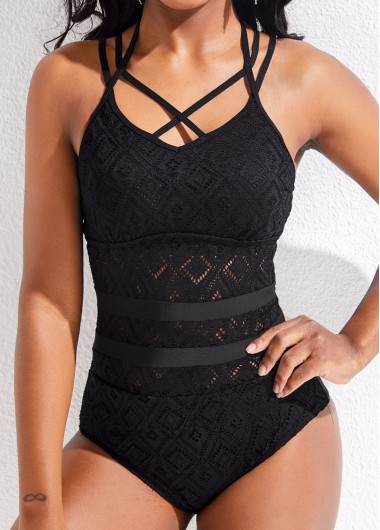 Black swimwear,Plain Color swimwear,ROTITA Criss Cross Patchwork Lace Black One Piece Swimwear