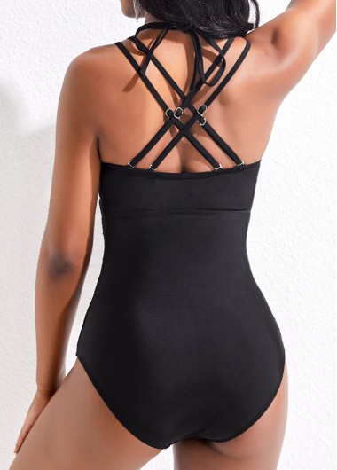 Black swimwear,Plain Color swimwear,ROTITA Criss Cross Patchwork Lace Black One Piece Swimwear