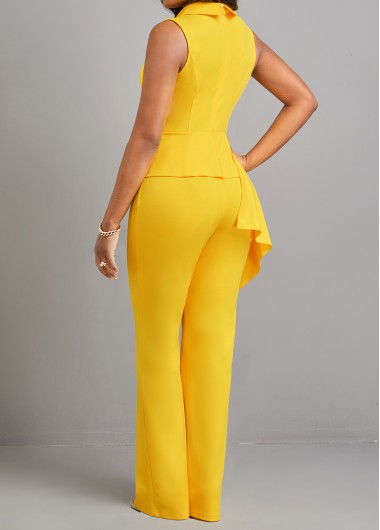 Yellow jumpsuits&rompers,Plain Color jumpsuits&rompers,ROTITA Button Detail Asymmetric Patchwork Yellow Jumpsuit