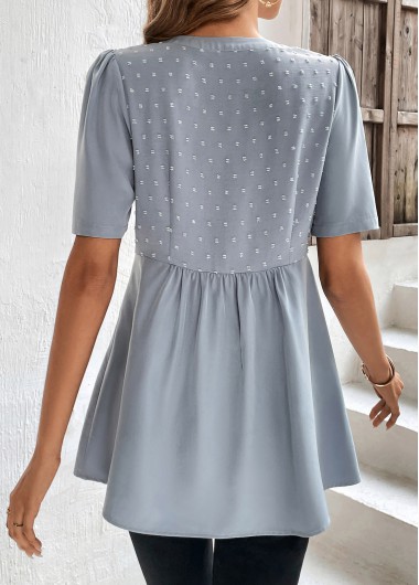 Dusty Blue tops,Plain Color tops,ROTITA Patchwork Dusty Blue Split Neck Short Sleeve Blouse