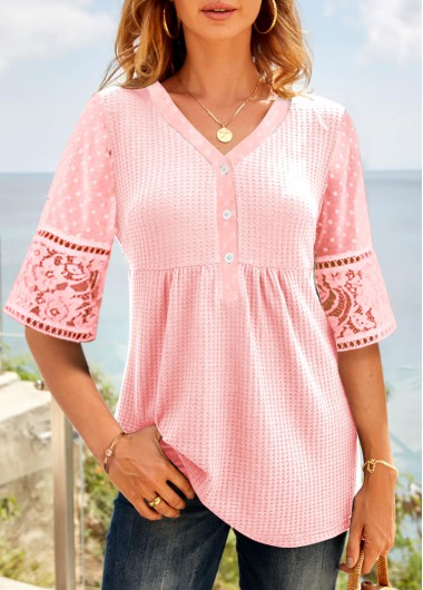 Pink tops,Plain Color tops,ROTITA Lace Pink V Neck Half Sleeve Blouse