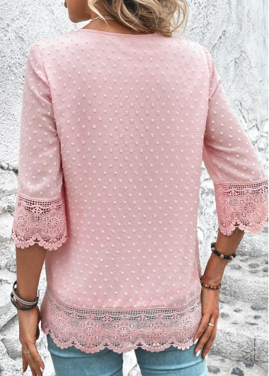 Light Pink tops,Plain Color tops,ROTITA Lace Light Pink V Neck 3/4 Sleeve Blouse