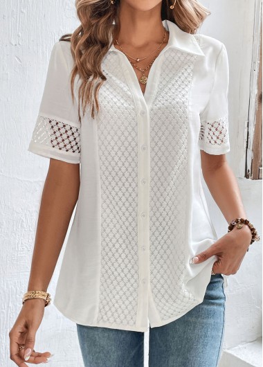 White tops,Plain Color tops,ROTITA Lace White Shirt Collar Button Up Blouse