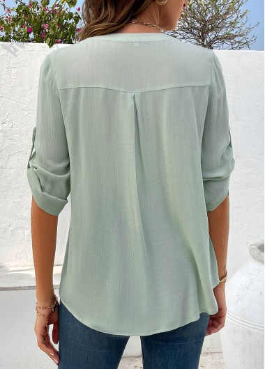 Light Green tops,Plain Color tops,ROTITA Button Light Green Split Neck Short Sleeve Blouse