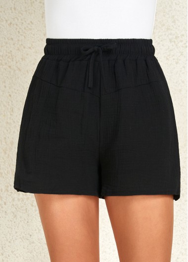 Black bottoms,Plain Color bottoms,Drawstring Black Regular Elastic Waist High Waisted Shorts
