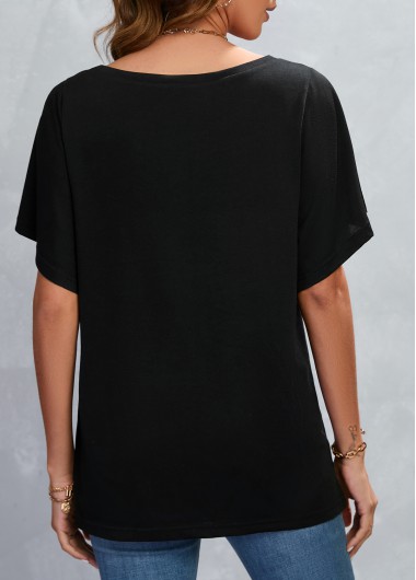 Black tops,Plain Color tops,Black V Neck Short Sleeve T Shirt