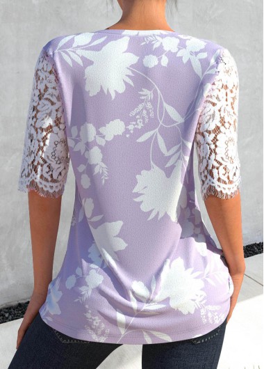 Light Purple tops,Floral tops,ROTITA Tuck Stitch Floral Print Light Purple Blouse