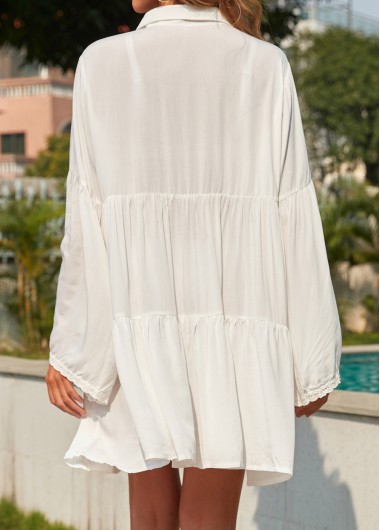 White swimwear,Plain Color swimwear,Lace Button Long Sleeve White Cover Up