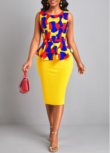 Yellow dresses,Geometric dresses,ROTITA Split Geometric Print Yellow Round Neck Bodycon Dress