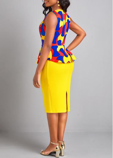 Yellow dresses,Geometric dresses,ROTITA Split Geometric Print Yellow Round Neck Bodycon Dress