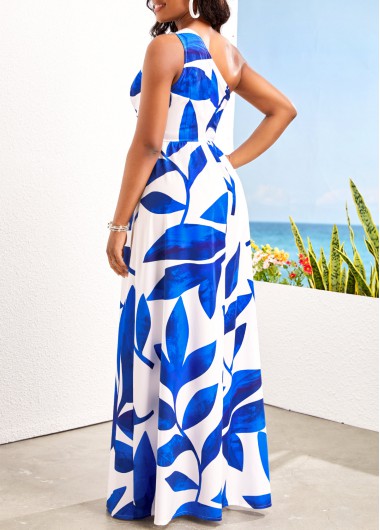 Blue dresses,Plants dresses,ROTITA Asymmetry Leaf Print Blue One Shoulder Maxi Dress