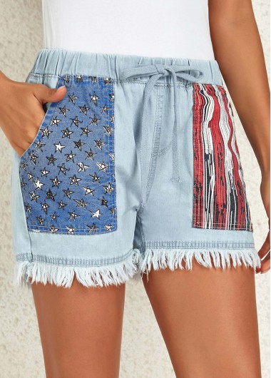 Dusty Blue bottoms,Flag bottoms,Pocket Flag Print Dusty Blue Regular Drawastring Jeans