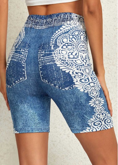 Denim Blue bottoms,Tribal bottoms,Tribal Print Denim Blue Skinny Elastic Waist Shorts