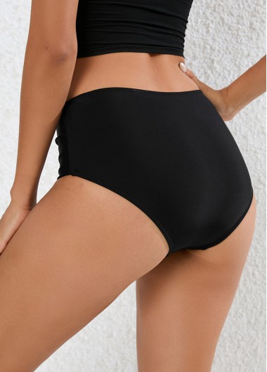 Black swimwear,Plain Color swimwear,Black Metal Detail Mid Waisted Bikini Bottom