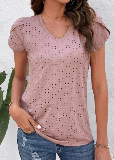 Pink tops,Plain Color tops,Layered Pink V Neck Short Sleeve T Shirt