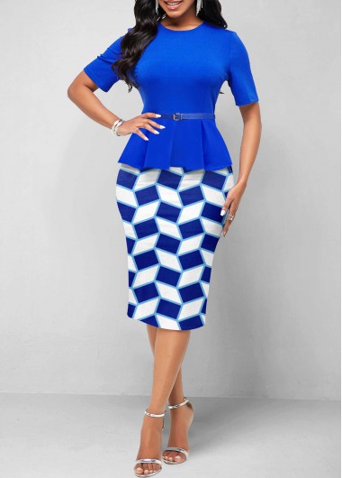 Royal Blue dresses,Geometric dresses,ROTITA Fake 2in1 Geometric Print Royal Blue Belted Dress