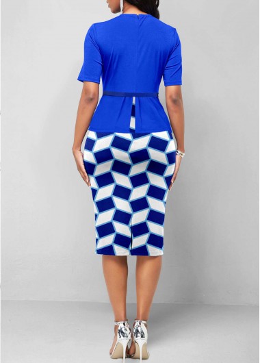 Royal Blue dresses,Geometric dresses,ROTITA Fake 2in1 Geometric Print Royal Blue Belted Dress