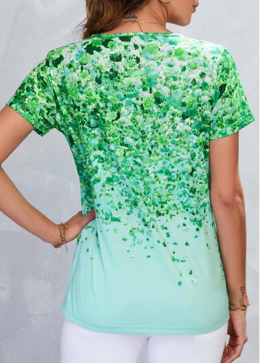 Green tops,Plants tops,Lightweigh Leaf Print Green V Neck T Shirt