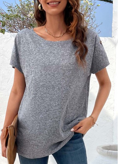 Grey tops,Plain Color tops,Button Detail Grey Boat Neck Short Sleeve T Shirt