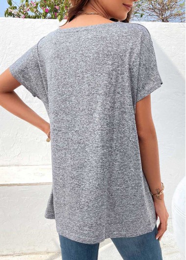 Grey tops,Plain Color tops,Button Detail Grey Boat Neck Short Sleeve T Shirt
