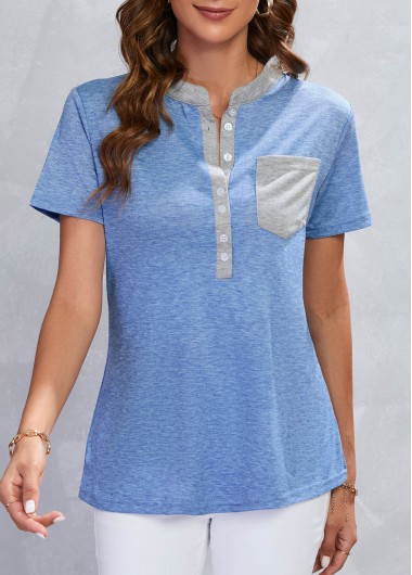 Blue tops,Contrast Color tops,Pocket Blue Stand Collar Short Sleeve T Shirt