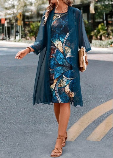 Peacock Blue dresses,Ombre dresses,Plants dresses,Geometric dresses,Two Piece Ombre Peacock Blue Dress and Cardigan