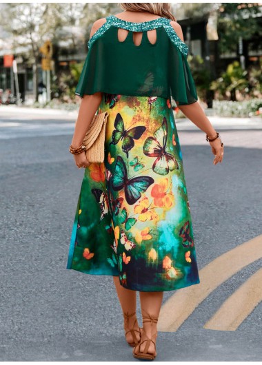 Green dresses,Animal Print dresses,Cage Neck Butterfly Print Green A Line Dress
