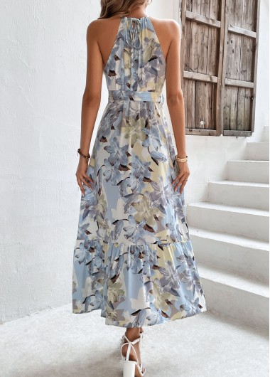 Light Blue dresses,Floral dresses,Bowknot Floral Print Light Blue Belted Dress