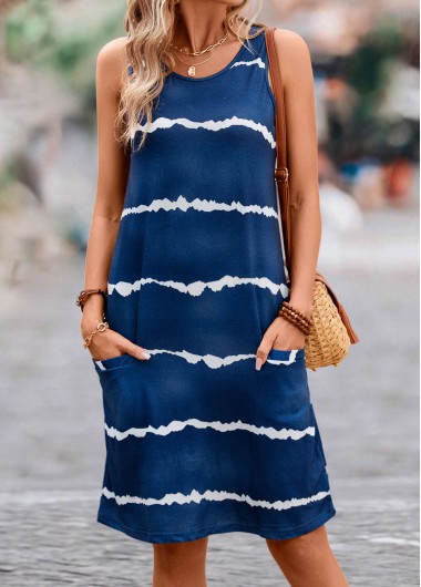 Dark Blue dresses,Striped dresses,Pocket Striped Dark Blue H Shape Dress