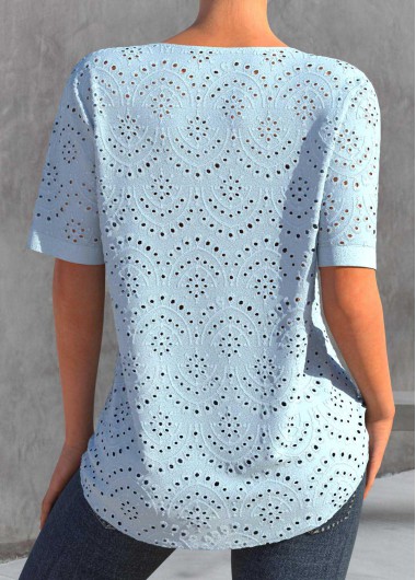 Light Blue tops,Plain Color tops,ROTITA Split Light Blue Short Sleeve Blouse