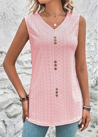 Pink tops,Plain Color tops,ROTITA Button Pink V Neck Tank Top