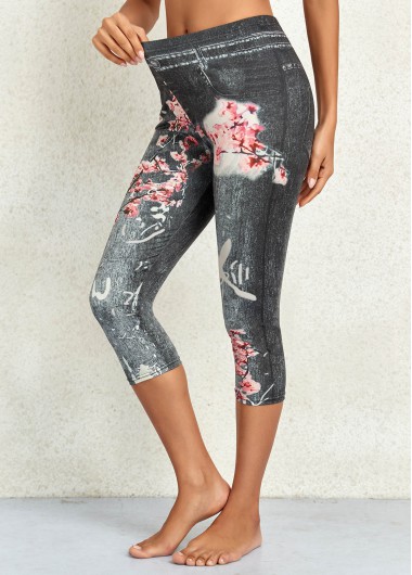 Black bottoms,Floral bottoms,Floral Print Black Mid Waisted Elastic Waist Leggings