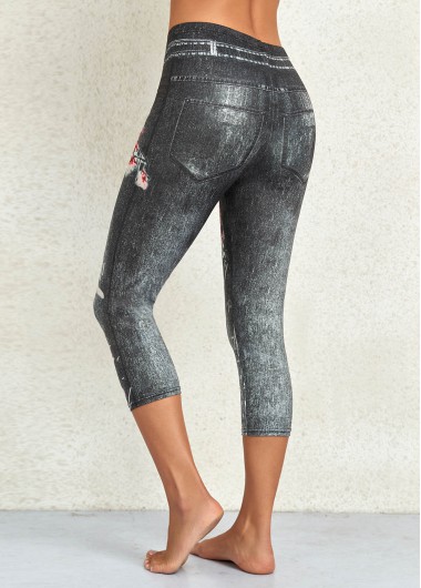 Black bottoms,Floral bottoms,Floral Print Black Mid Waisted Elastic Waist Leggings