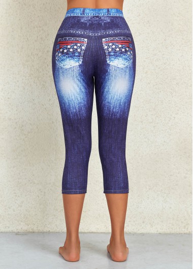 Denim Blue bottoms,Flag bottoms,Ombre bottoms,Flag Print Denim Blue Mid Waisted Leggings