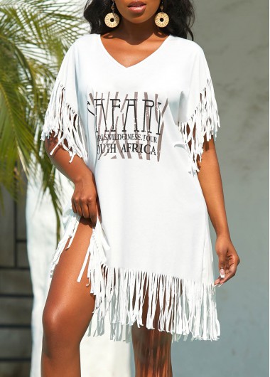 White swimwear,Letter swimwear,Tassel Letter Print White Cover Up