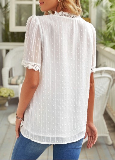 White tops,Plain Color tops,ROTITA Lace White V Neck Short Sleeve Blouse