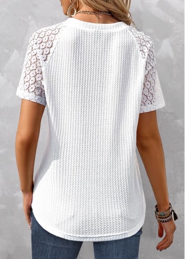 White tops,Plain Color tops,ROTITA Patchwork White V Neck Short Sleeve T Shirt