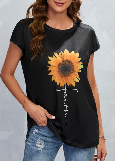 Black tops,Plants tops,Lightweigh Sunflower Print Black Round Neck T Shirt