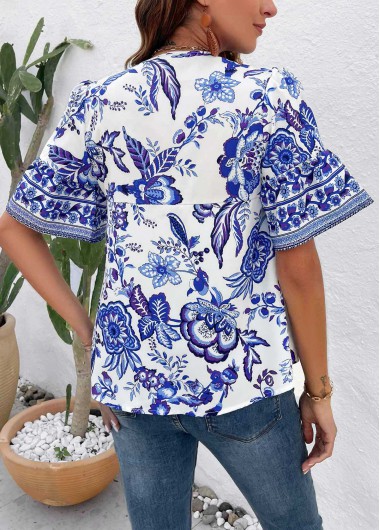 Royal Blue tops,Floral tops,Plants tops,Button Floral Print Royal Blue T Shirt