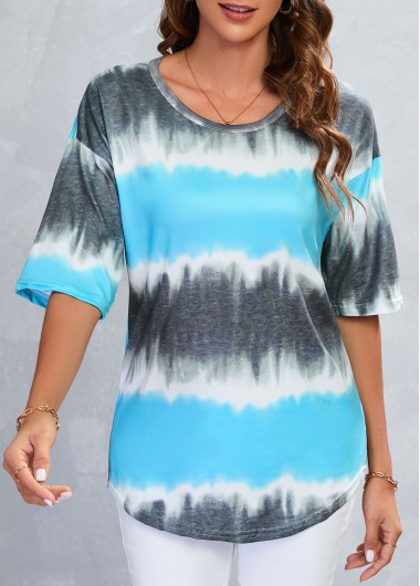 Cyan tops,Grey tops,Ombre tops,Contrast Color tops,Lightweigh Ombre Cyan Round Neck T Shirt