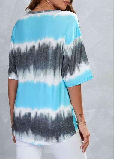 Cyan tops,Grey tops,Ombre tops,Contrast Color tops,Lightweigh Ombre Cyan Round Neck T Shirt