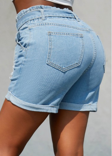 Denim Blue bottoms,Plain Color bottoms,Belted Hole Regular Zipper Fly Denim Shorts