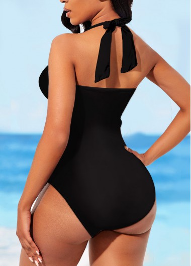 Black swimwear,Plain Color swimwear,ROTITA Halter Mesh Black One Piece Swimwear