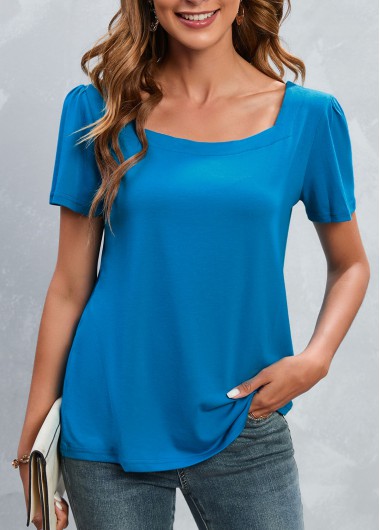 Blue tops,Plain Color tops,Blue Square Neck Short Sleeve T Shirt