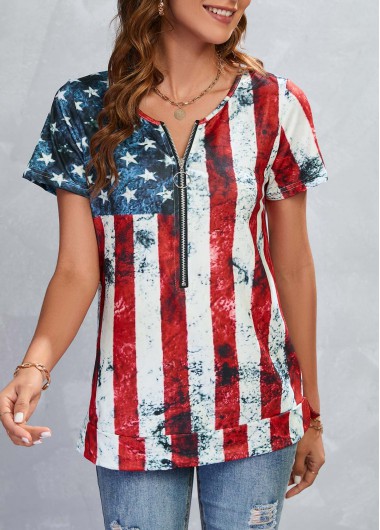 Multi Color tops,Flag tops,Striped tops,Zipper American Flag Print Multi Color T Shirt