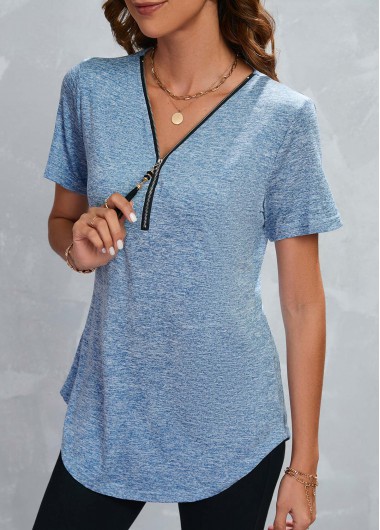 Dusty Blue tops,Plain Color tops,Zipper Dusty Blue V Neck T Shirt