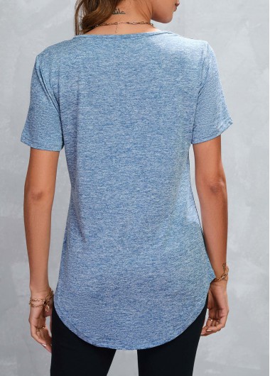 Dusty Blue tops,Plain Color tops,Zipper Dusty Blue V Neck T Shirt