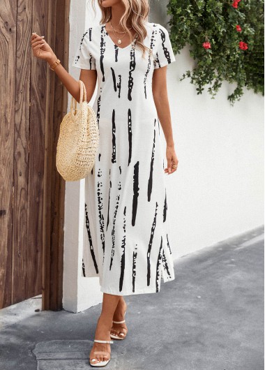 White dresses,Striped dresses,Split Striped White A Line V Neck Dress