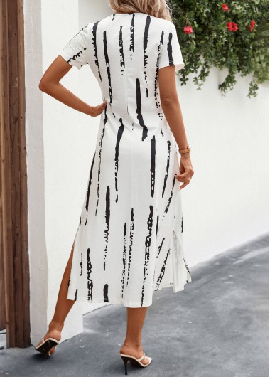 White dresses,Striped dresses,Split Striped White A Line V Neck Dress