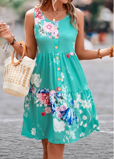 Mint Green dresses,Floral dresses,Button Floral Print Mint Green Short Dress